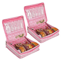 Heart Home Jewellery Kit | Check Design Vanity Box for woman | Laminated Jewellery Kit with Support | Jewellery Kit with 5 Pouch & Bangle Roll | Pack of 2 | Pink