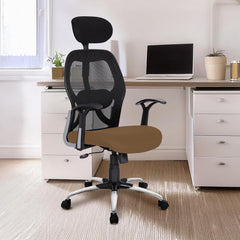 Kuber Industries Ergonomic Office Chairs for Work From Home | Comes with Manual Height Adjustable, Armrest, Headrest & Lumbar Support | Comfy Study Chair for Students with Wheels | Black & Beige Seat