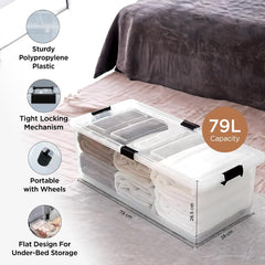 Heart Home Large Capacity Underbed Storage Box with Lids and Wheels | Dustproof & Stackable | Rectangular Storage Box | Multipurpose Organizer for Clothes/Toys (79L)