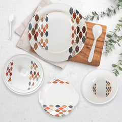 Kuber Industries 32 Pieces Round Melamine Microwave & Dishwasher Safe Dinnerware Kitchen Crockery Set | Glossy Dinner Sets & Kitchen Set for Home | Stylon Leaf Dots - White