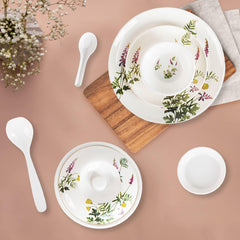 Kuber Industries 40 Pieces Round Melamine Microwave & Dishwasher Safe Dinnerware Kitchen Crockery Set | Glossy Dinner Sets & Kitchen Set for Home | Deluxe Lavendar Floral - White