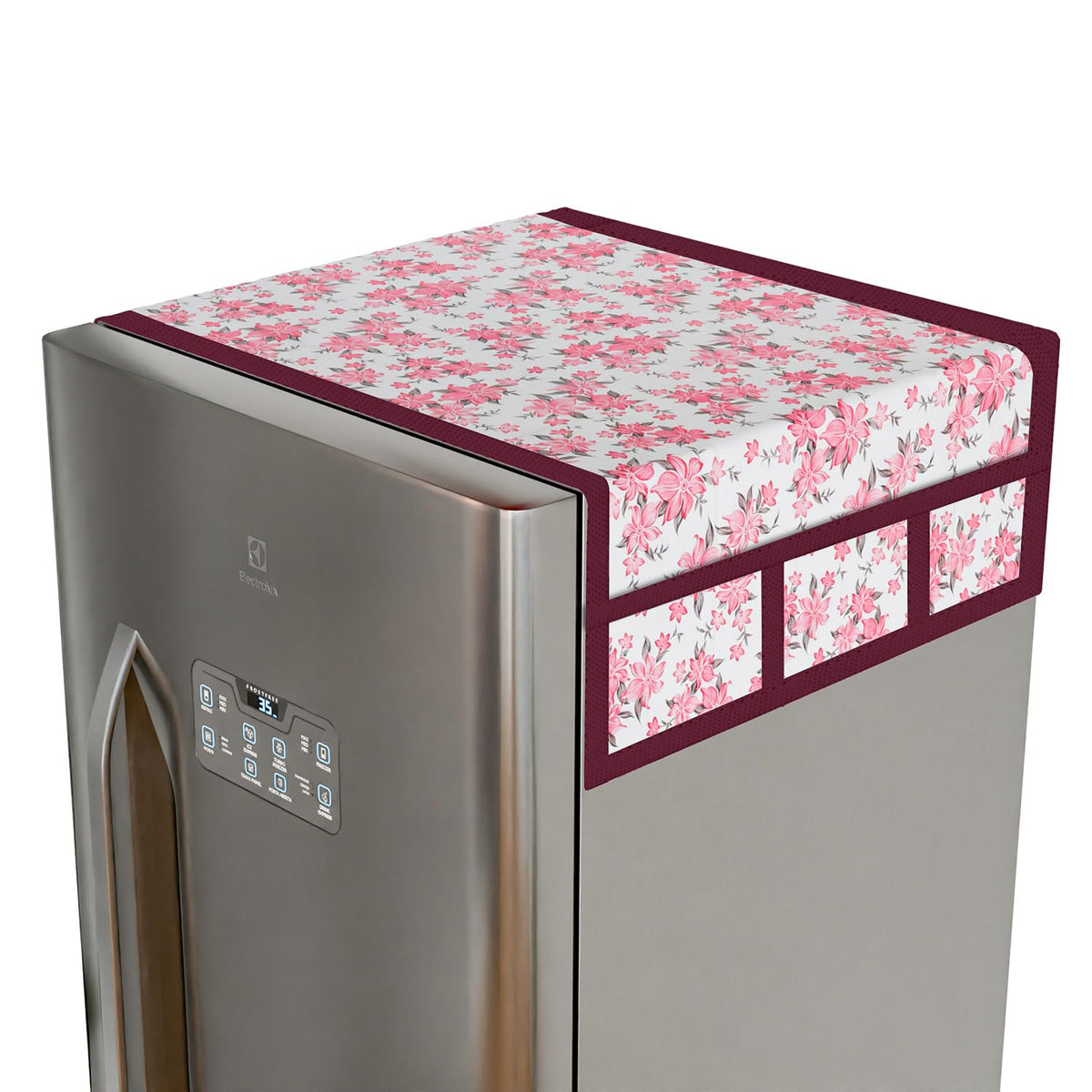 Kuber Industries Fridge Top Cover | Fridge Top Cover with Pockets | Refrigerator Top Cover for Kitchen | Fridge Top Cover with 6 Utility Pockets | Barik Flower Fridge Cover | Pink