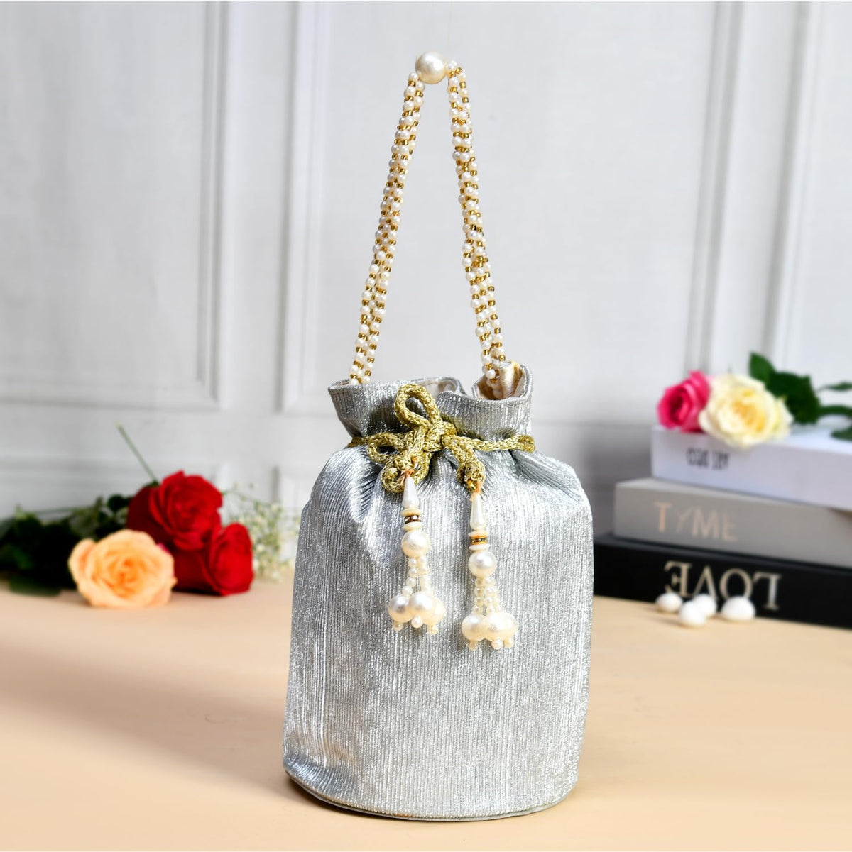 Heart Home Potli | Polyester Wedding Potli | Beads Handle Potli | Wallet Potli for Woman | Christmas Gift Potli | Baby Shower Potli | Metallic Shining Potli | Silver