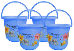 Kuber Industries Floral Print 4 Pieces Unbreakable Strong Plastic Bathroom Bucket 16 LTR (Blue) -CTKTC34867