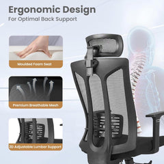 Kuber Industries Ergonomic Office Chairs for Work From Home | Comes with Manual Height Adjustable, Armrest, Headrest & 2D Lumbar Support | Comfy Study Chair for Students with Wheels | Black | 1547A