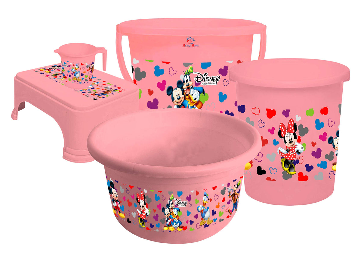 Heart Home Disney Team Mickey Print Plastic Bathroom Set of 5 Pieces with Bucket, Tub, Stool, Dustbin & Mug (Pink)-HEARTHS15273 -HS_35_HEARTHS17521