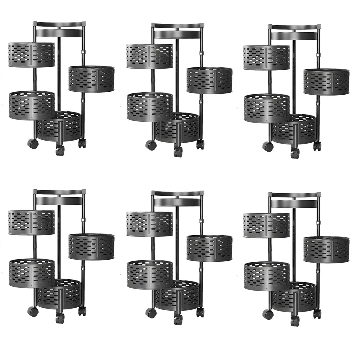 Kuber Industries 4-Layer Kitchen Trolley | 360° Rotating Storage Rack | Round Storage Rack with Wheels | Fruit and Vegetable Storage for Kitchen | Pack of 6 | (Black)