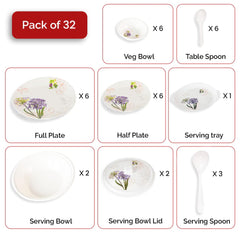 Kuber Industries 32 Pieces Round Melamine Microwave & Dishwasher Safe Dinnerware Kitchen Crockery Set | Glossy Dinner Sets & Kitchen Set for Home | Stylon Purple Floral - White