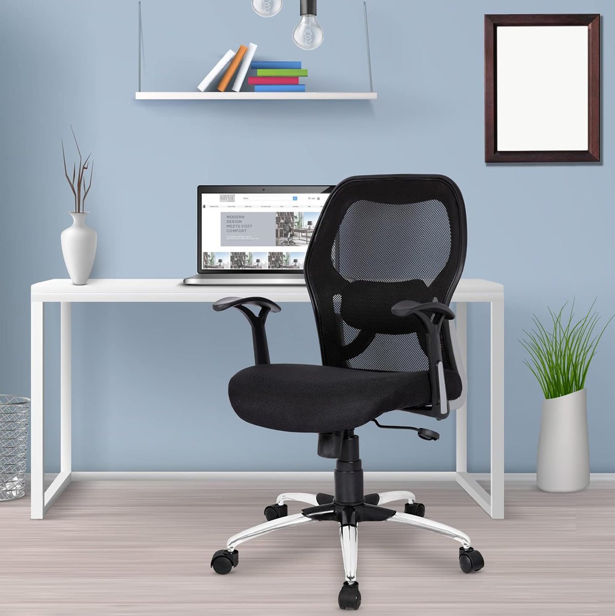 Kuber Industries Ergonomic Revolving Office Chairs for Work From Home | Comes with Manual Height Adjustable, Armrest Support | Comfy Study Chair for Students with Wheels | Black & Beige Seat