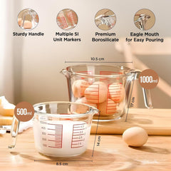 Kuber Industries Pack of 2 Borosilicate Glass Measuring Cup | 500ml & 1000ml | Microwave & Dishwasher Safe | Baking Measuring Cup with Handle | Kitchen Accessory Items