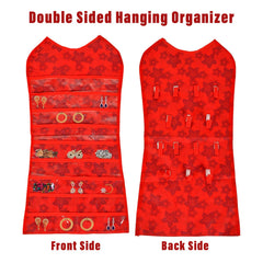 Kuber Industries Hanging Organizer | Non-Woven Flower Hanger | Jewellery Organizer | Double Sided Hanger | 27 Pockets & 14 Hook Hanger | Cosmetic Wall Hanging Organizer | Red