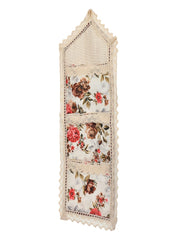 Heart Home Flower Printed Multiuses 3 Pockets Wall Hanging Storage Organizer/Holder For Home (Cream & Red)-50HH01175