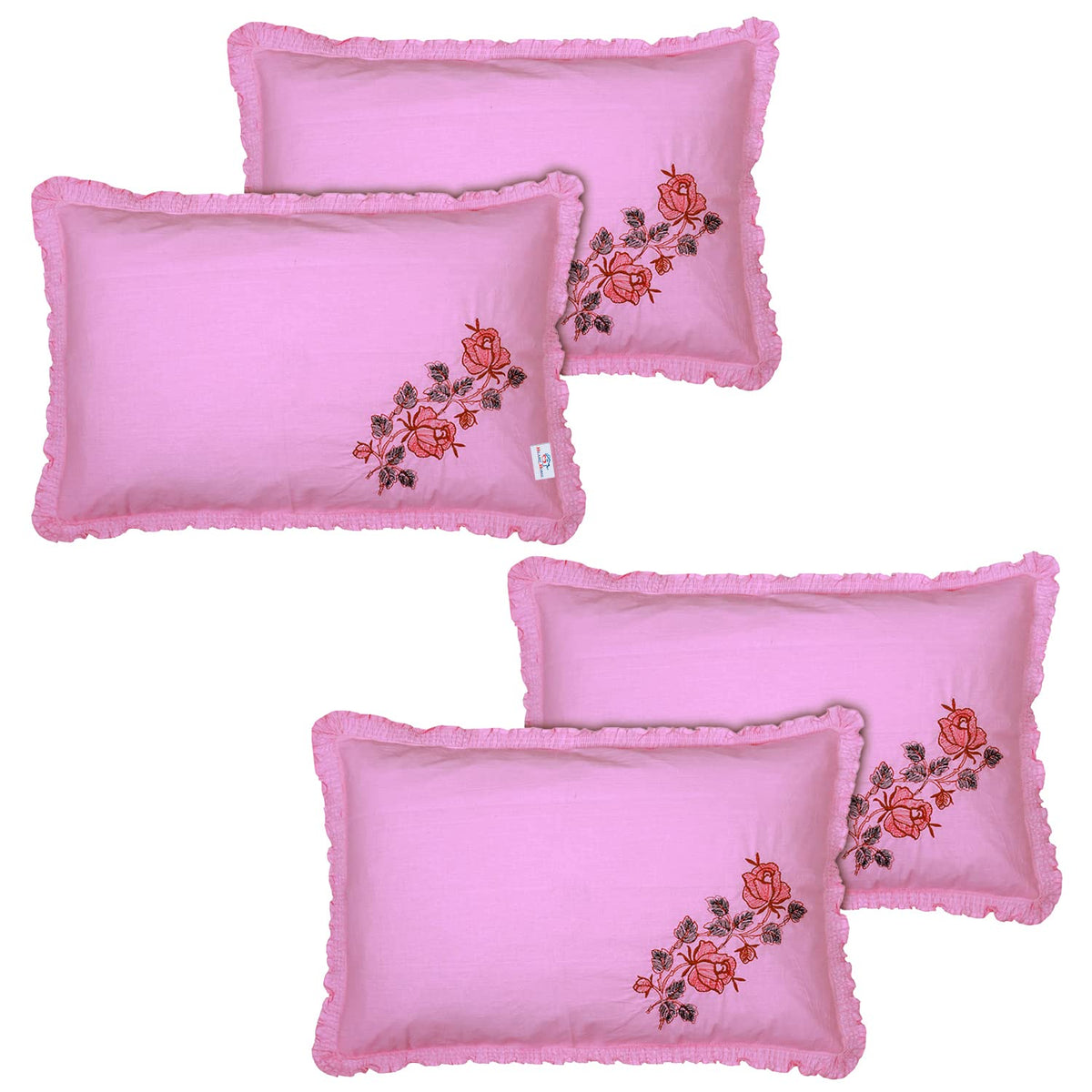 Heart Home Embroidery Pattern Breathable & Soft Cotton Pillow Cover for Sofa, Couch, Bed, Set of 4 (Pink) 54HH4120.