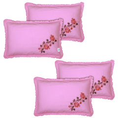 Heart Home Embroidery Pattern Breathable & Soft Cotton Pillow Cover for Sofa, Couch, Bed, Set of 4 (Pink) 54HH4120.