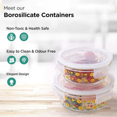 Urbane Home Borosilicate Printed Container With Lid (Round) | JDA050-MUL | Transparent | Pack Of 2