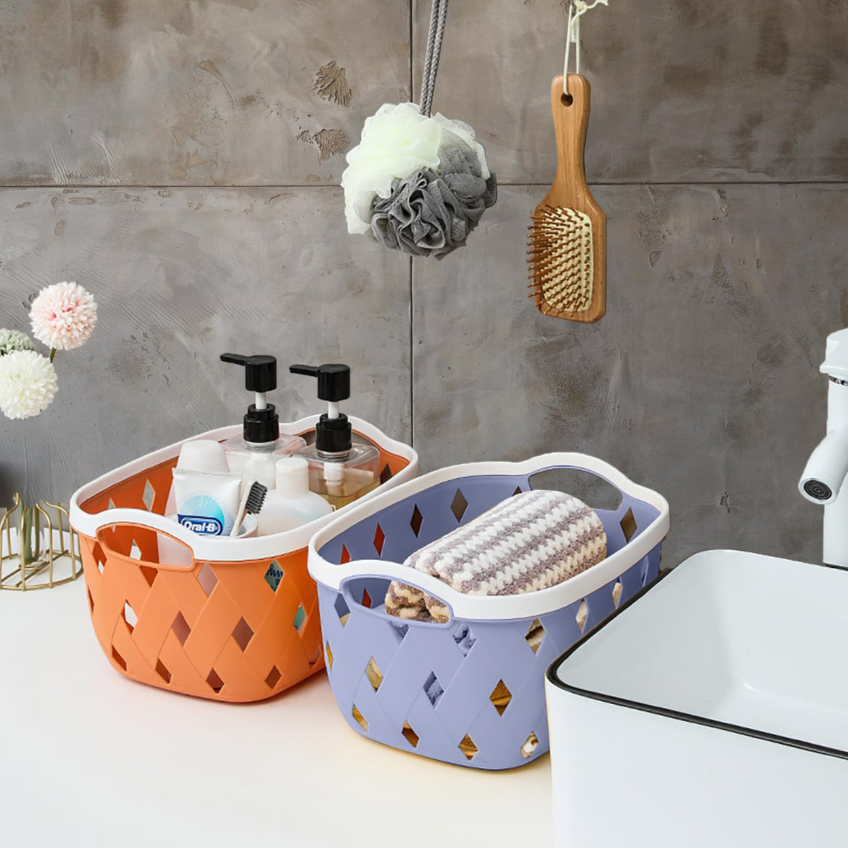Kuber Industries Pack of 3 Multipurpose Storage Basket | Rhombic | Bathroom Kitchen Dressing table |Toiletry Organizer Bin for Holding Soap, Shampoo,Cosmetics | MC2436 | Light Grey, Orange |