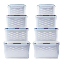 Kuber Industries 8 Pcs Food Containers | Storage Box for Fridge |Vegetable Fruit Boxes | Refrigerator Storage Box | Containers With Airtight Lid | Strainer Basket | HXP00287 | Transparent | Pack of 2