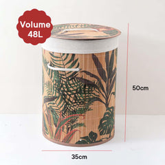 Kuber Industries Foldable Bamboo Laundry Basket For Clothes With Lid & Rope Handle | Eco Friendly Washing Clothes Bucket/Storage Box Organizer | BS016-Leaf Print - Natural Wooden Brown