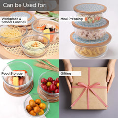 Kuber Industries Pack of 3 Borosilicate Glass Kitchen Containers with Bamboo Lid | 390ml 620ml 960ml | Airtight Round Fridge Storage Boxes |Kitchen accessories items | Dandy Daisies Print