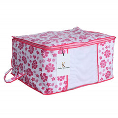 Kuber Industries Flower Design 2 Piece Non Woven Fabric Underbed Storage Bag,Cloth Organiser,Blanket Cover with Transparent Window, Pink & Blue -CTKTC41042
