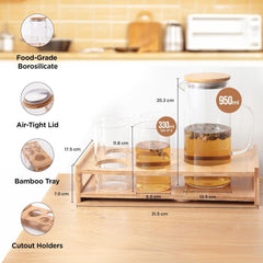 Heart Home Glass Jug Set with Bamboo Tray and 4 Water Glasses | Glass Jug with Bamboo Lid - 950ml | 4 Water Glass - 330ml Each |Designer Jugs & Cups Set | Ideal Housewarming Gift
