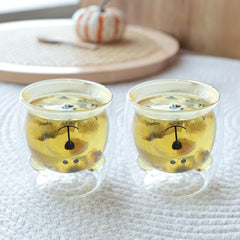 Kuber Industries Pack of 2 Cute Teddy Bear Cups | Heat Resistant |Borosilicate Double Wall Glass Cups | Scratch Proof | 250 ML | Yellow