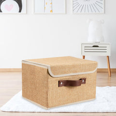 Kuber Industries Large Storage Box With Lid|Foldable Toys Storage Bin|Wardrobe Organizer For clothes|Front Handle & Sturdy Pack Of-4 (Khadi)
