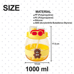 Kuber Industries Pack of 2 Kids Water Bottle With Straw |Cute Teddy Bear Sipper Water Bottle For Kids Boys Girls| Water Bottle with Locking Flip Lid | 1000 ML | Yellow | SYZ-7730B