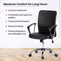 Kuber Industries Ergonomic Leather Office Chairs for Work From Home | Comes with Manual Height Adjustable, Armrest, Headrest & Lumbar Support | Comfy Study Chair for Students with Wheels | Black