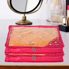Heart Home Saree Cover | Clothes Storage Bag | Suit Packing Cover | Cloth Stoarge Organizer | Wardrobe Cloth Storage Organiser with Zip | Side Embroidery-Design | 3 Inch | Pack of 9 | Pink