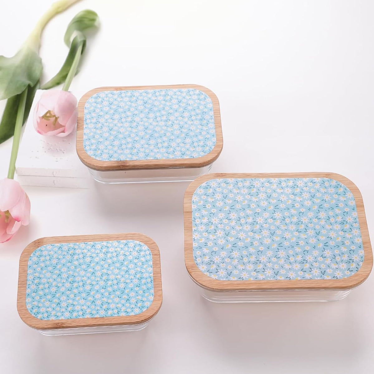 Kuber Industries Pack of 3 Borosilicate Glass Kitchen Containers with Bamboo Lid | 370ml 640ml 1060ml | Airtight Rectangular Fridge Storage Boxes |Kitchen organizer items & storage Dandy Diasies Print
