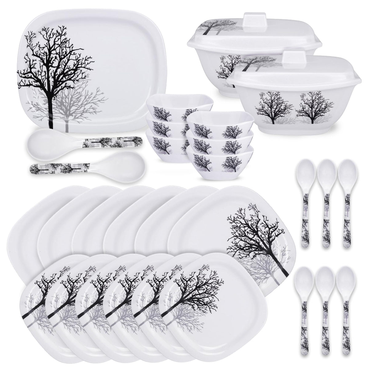 Kuber Industries 31 Pieces Square Unbreakable Microwave & Dishwasher Safe Melamine Dinnerware Kitchen Crockery Set | Glossy Dinner Sets & Kitchen Set for Home | Black Tree - White