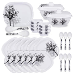Kuber Industries 31 Pieces Square Unbreakable Microwave & Dishwasher Safe Melamine Dinnerware Kitchen Crockery Set | Glossy Dinner Sets & Kitchen Set for Home | Black Tree - White