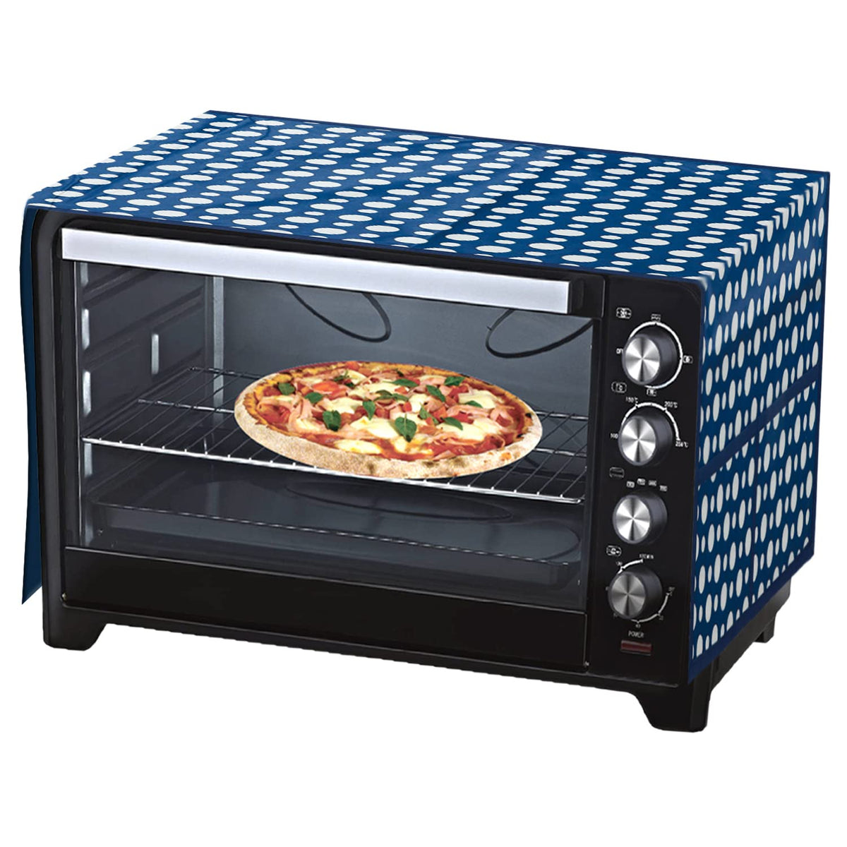 Heart Home Dot Printed PVC Microwave Oven Top Dust Oil Proof Cover, Protective Cover with 4 Utility Pockets (Blue)