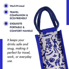 Kuber Industries Bottle Bag | Jute Carry Bag | Water Bottle Cover | Wine Bottle Bag | Reusable Bottle Bag with Handle | Bottle Bag for Office | Warli-Print Gift Bag | Blue
