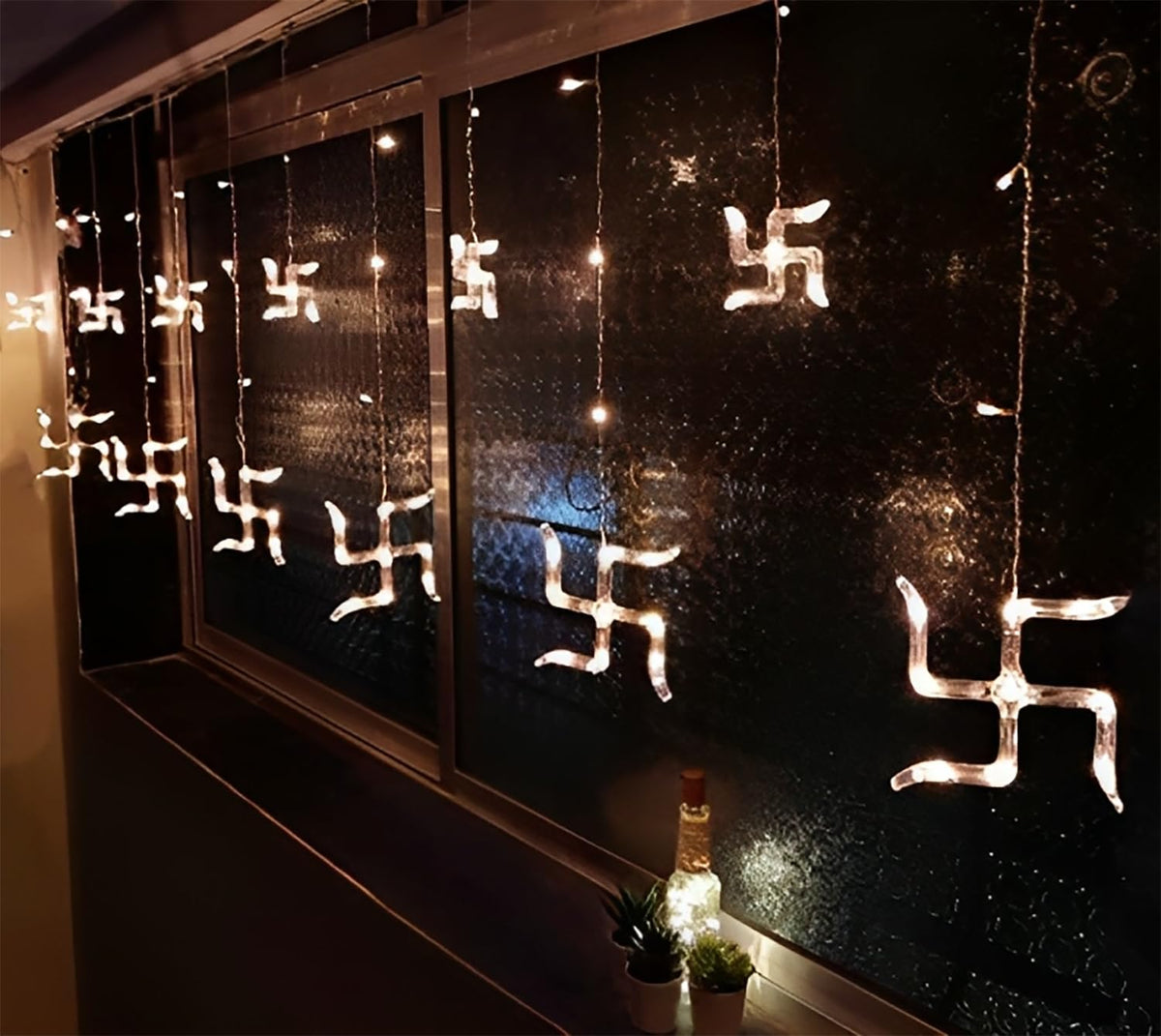 Kuber Industries Diwali Lights | Diwali String Light for Décor | Lights for Christmas | Lights for Navratri | 6 Piece Big Swastik-6 Piece Small Swastik Curtain Light 66 | Warm White