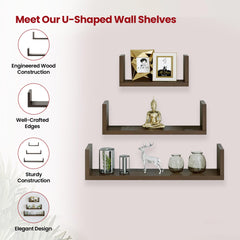 Heart Home Durable Wooden 3 Unit Wall Mount Wooden Wall Shelf for Bedroom & Living Room | Furniture Wall Rack Shelf for Decor | Ready to Assemble Hanging Shelves | Brown