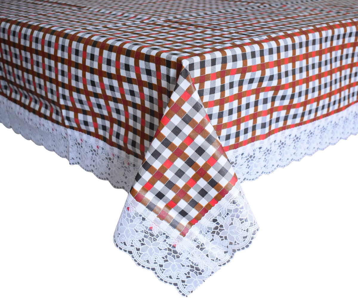 Kuber Industries Check Printed PVC Spillproof, Waterproof, Antislip, Wipe Clean 4 Seater Center Table Cover with White Lace Border, 40"x60" (Maroon)