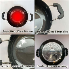 Heart Home 2.4L Aluminium Non-Stick Kadai for Cooking with Riveted Bakelite Handle & Lid | Deep Fry Cookware Wok for Kitchen | Kadhai Induction Base for Cooking Chinese | Black