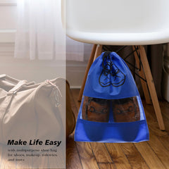 Heart Home Shoe Cover | Travel Shoe Storage Bags | Non-Woven Storage Bag | Shoe Cover with Drawstring | Shoe Organizer with Clear window | Plain | Pack of 24 | Blue