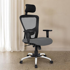 Kuber Industries Ergonomic Office Chairs for Work From Home | Comes with Manual Height Adjustable, Armrest, Headrest & 2D Lumbar Support | Comfy Study Chair for Students with Wheels | Black