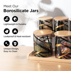 Homestic Borosilicate Glass Containers with Bamboo Lid and Stand|Kitchen Organizer Items and Storage|Multipurpose Airtight Containers|7 Pieces Kitchen Containers Set (4 X 350ml, 3 X 850ml)
