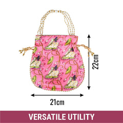 Heart Home Potli|Silk Wedding Potli|Wallet Potli|Christmas Gift Potli|Baby Shower Potli|Traditional Shagun Potli|Drawstring with Beads Handle Potli|Cow-Design Patli Potli|Pink