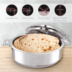 Kuber Industries Stainless Steel Casserole/Chapati Box|2000 ML Chapati Box with Easy Lock Mechanism|Garam Puri & Roti Hot Box|Double Walled Heat Retention for Upto 8 hrs|Heavy Duty Gauge (Pack of 6)