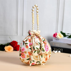 Kuber Industries Potli|Silk Wedding Potli|Christmas Gift Potli|Baby Shower Potli|Traditional Shagun Potli|Drawstring with Beads Handle Potli|New Flower Embroidery Potli|Pack of 2|Cream