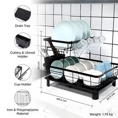Homestic 2 Tier Iron Kitchen Rack with Utensils Basket Drainer | Dish Drainer Basket for Kitchen | Multipurpose Kitchen Stand | Large Capacity| Space Saving| Black