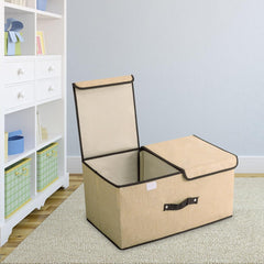 Kuber Industries Double Lid Foldable Storage Box|Toys Storage Bin|Wardrobe Organizer For Clothes|Front Handle & Stackable Pack Of-4 (Beige)