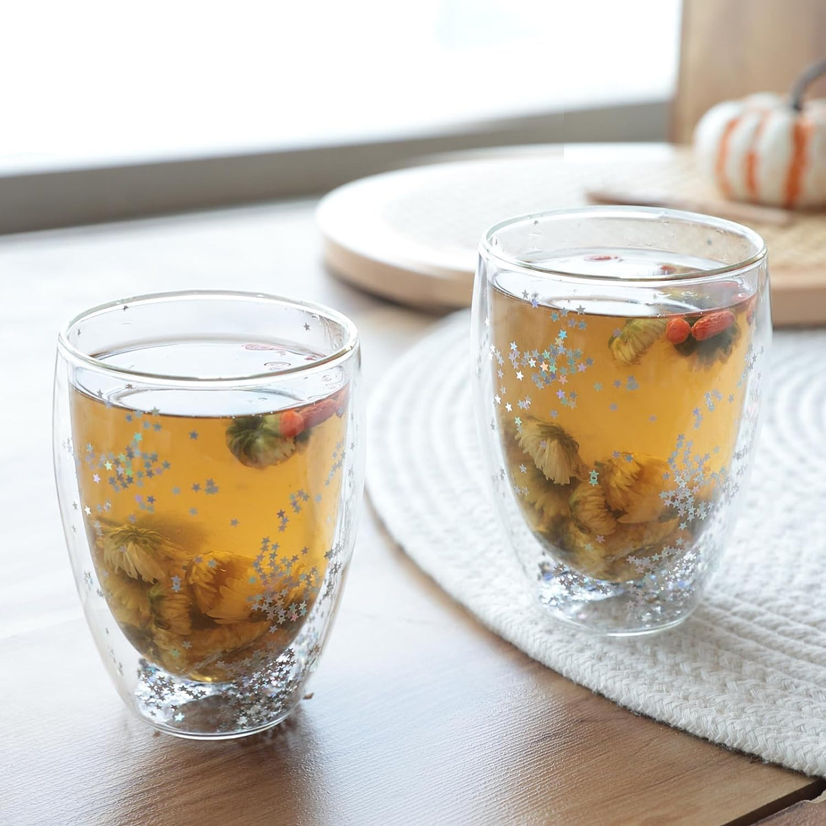 Kuber Industries 6 Pcs Star Sequin Glasses | Double Walled Borosilicate Glass | High Thermal Resistance | Microwave & Dishwasher Safe | 350 ML | Pack of 3 | Transparent
