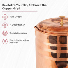 Kuber Industries 2L Pure Copper/Tamba Jug for Water with Lid | Leak Proof, Durable & Rust Free Detox Water Jar for Home & Dining Table | Tambe ka Jug for Health Benefits | Copper