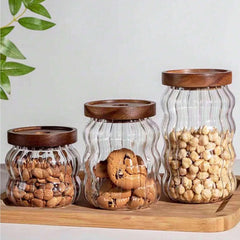 Kuber Industries Borosilicate Glass Jar with Bamboo Lid | Multi-utility | Leakproof | Airtight Storage Jar for Cookies, Snacks, Tea, Coffee, Sugar | Set of 3 (400ml, 620ml, 750ml)
